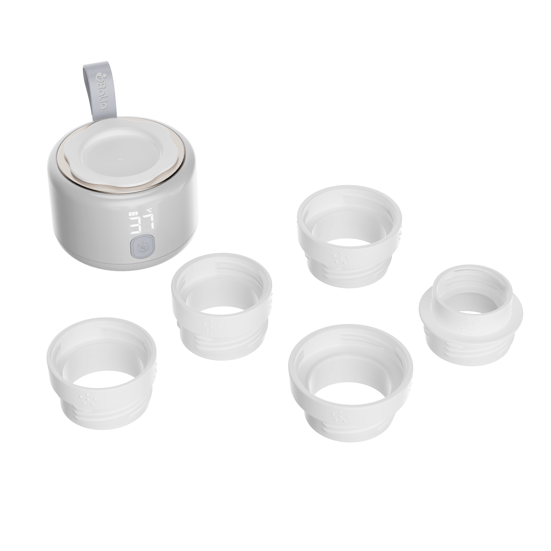 Calentador de mamaderas portátil Balia con adaptadores para diferentes mamaderas, ideal para padres en movimiento.