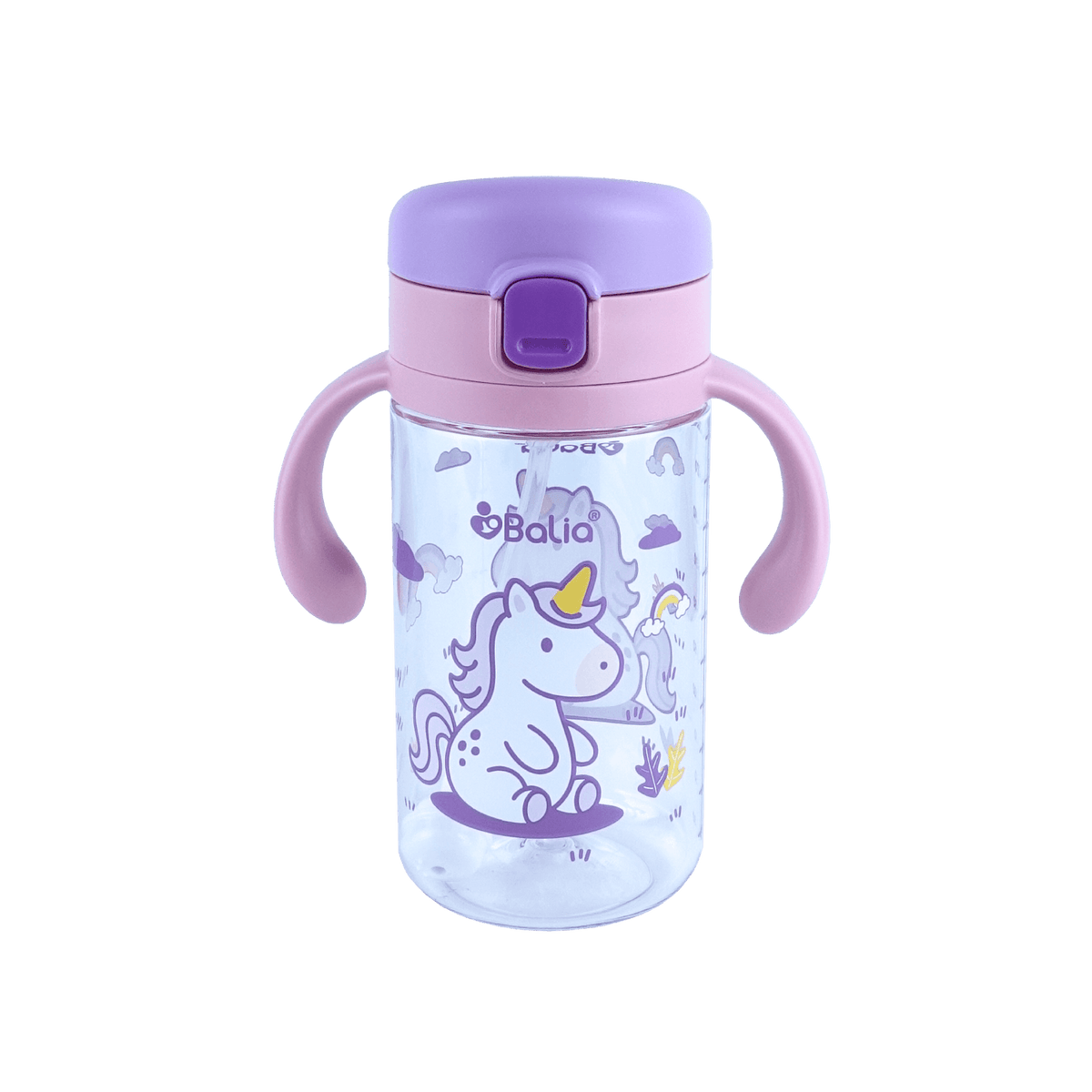 Botella de Tritan™ 5001 antiderrame con bombilla Unicornio de Balia, ideal para bebés. Diseño colorido y seguro.