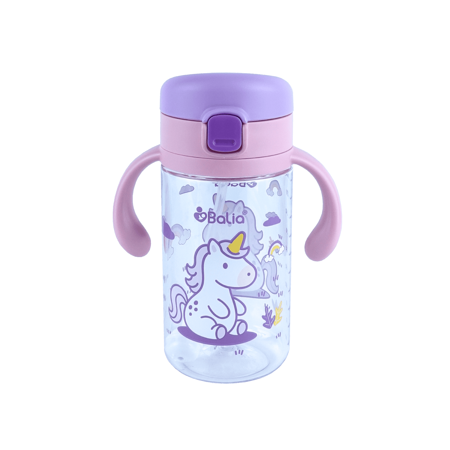 Botella de Tritan⹠5001 antiderrame con bombilla Unicornio de Balia, ideal para bebés. Diseño colorido y seguro.