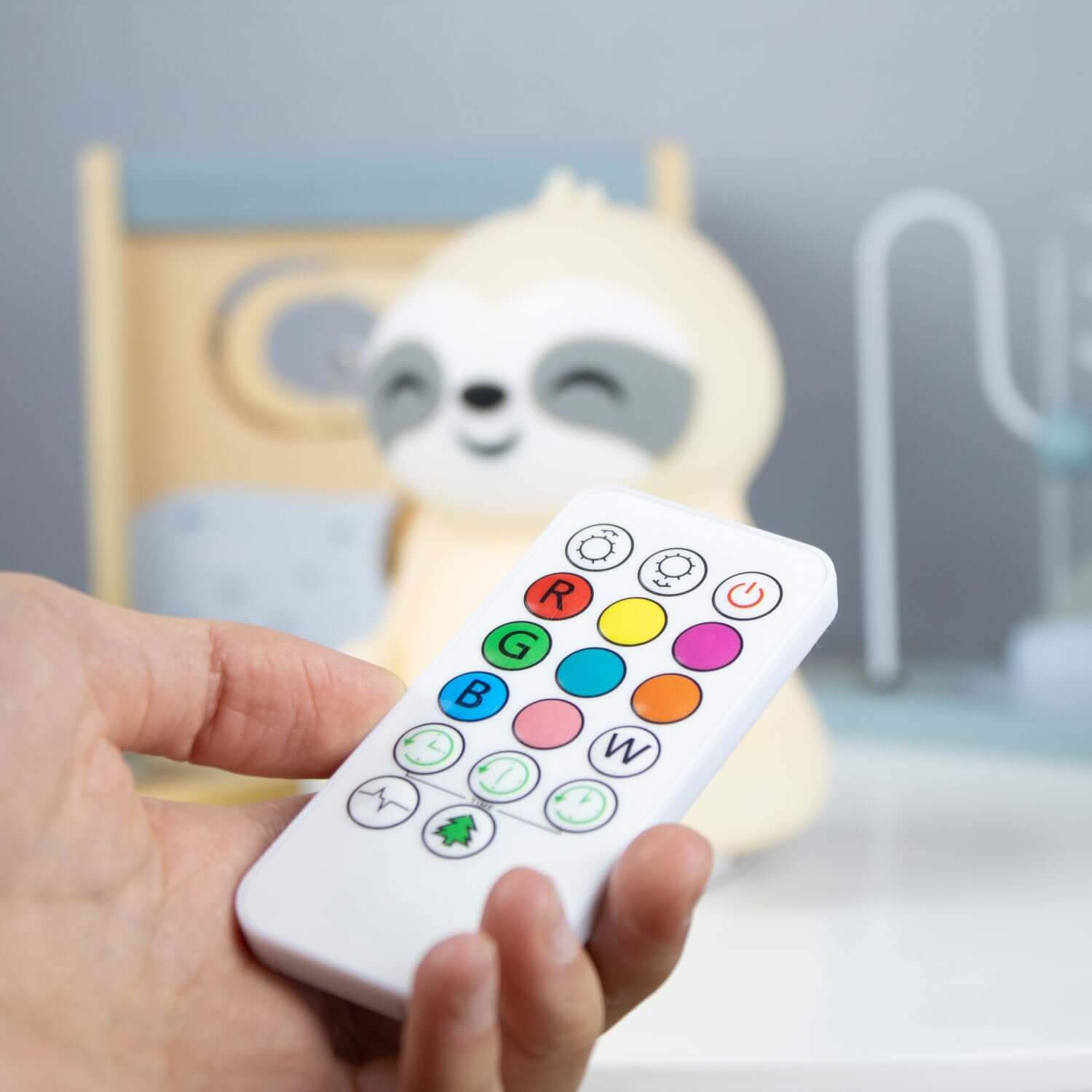 Control remoto para Lámpara con ruido blanco Perezoso de Balia, que ajusta la luz RGB y sonidos calmantes.