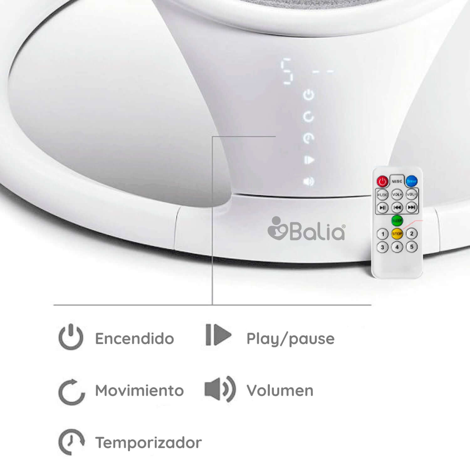 Imagen de la Silla Mecedora para bebé Balia con control remoto y funciones de encendido, movimiento y temporizador.