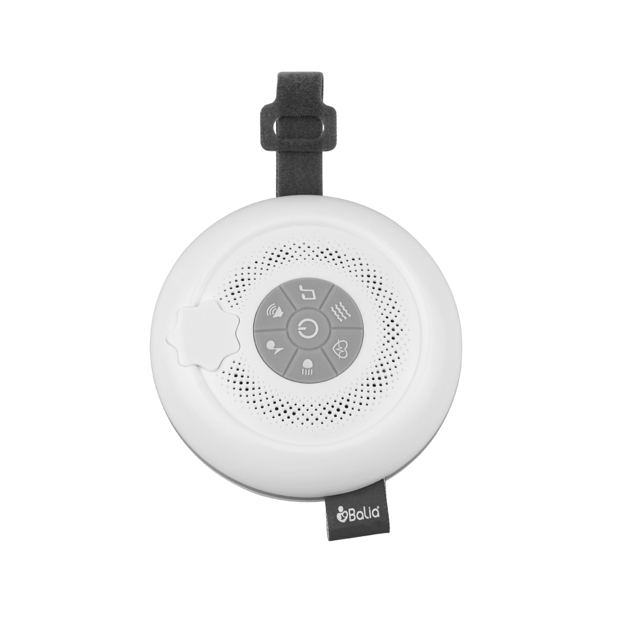Ruido blanco portátil de Balia, diseño compacto con controles para sonidos relajantes y strap para transporte.