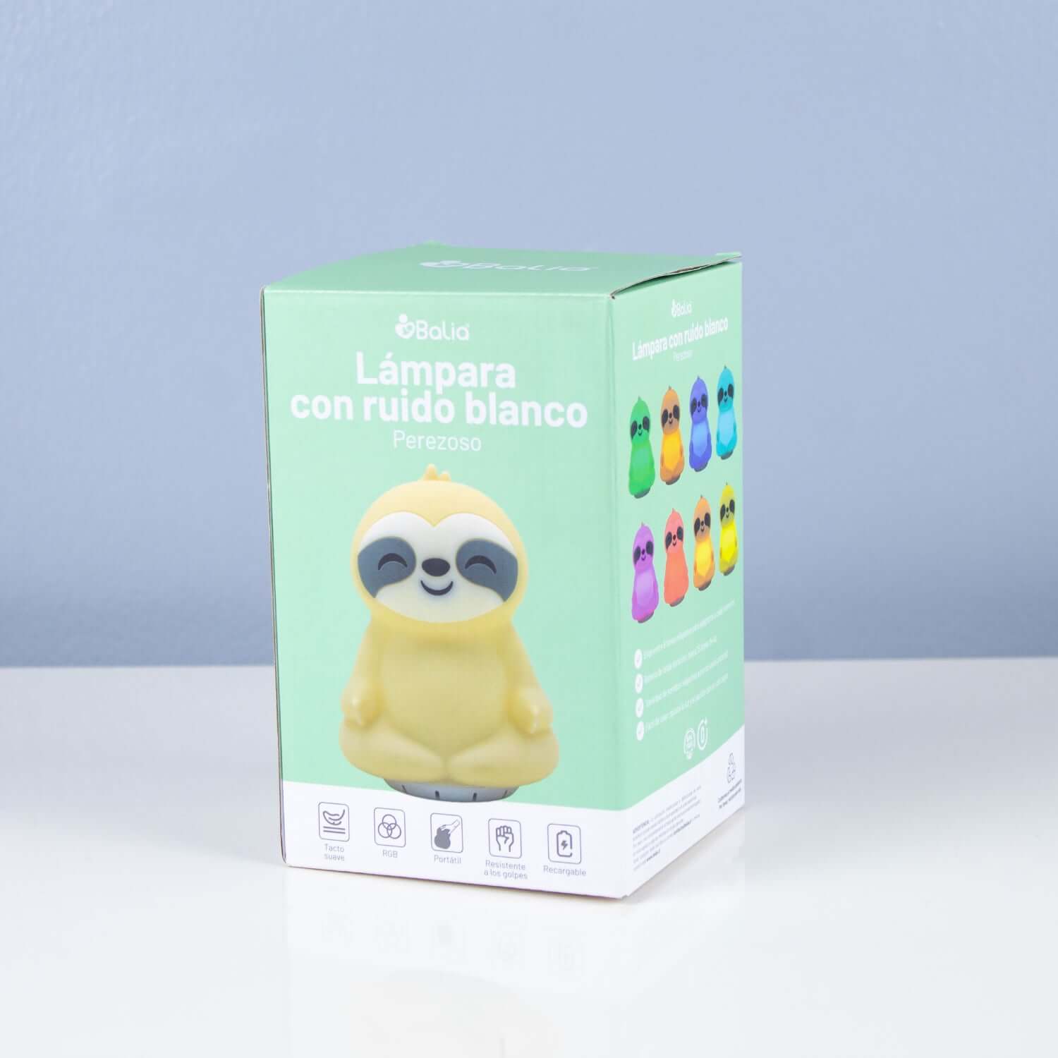 Caja de Lámpara con ruido blanco Perezoso de Balia, muestra colores RGB y diseño adorable para relajación.