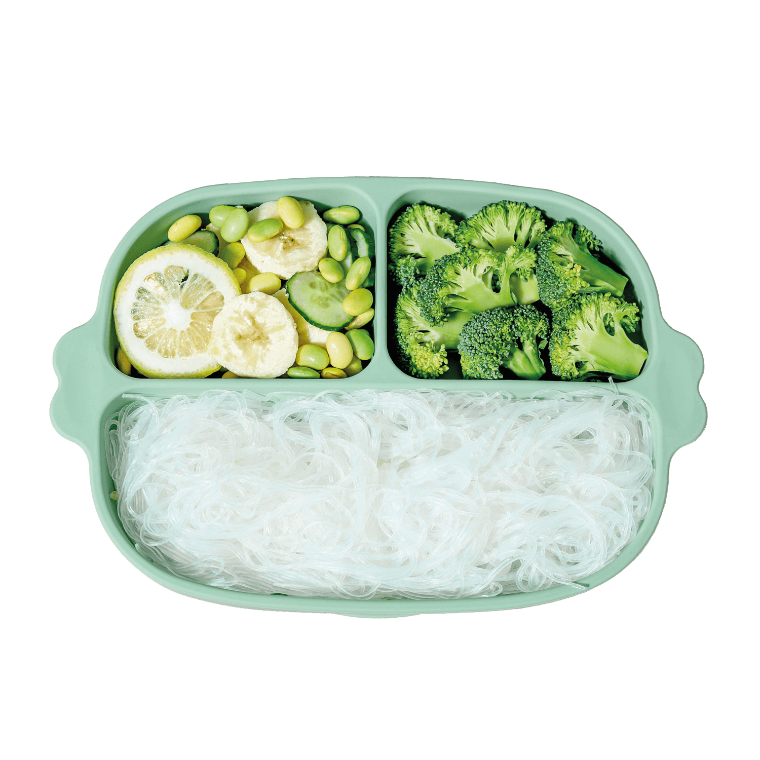 Plato de silicona para bebé de Balia con alimentos saludables como brócoli y fideos.